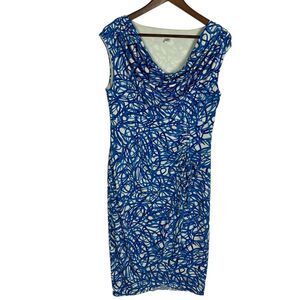 London Times Blue White Sleeveless Faux Wrap Dress Women's Size 10